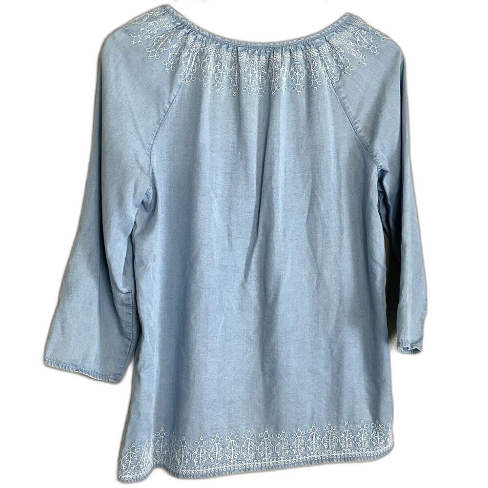 J Jill Denim Womens Chambray Embroidered Top Size M Blue Long Sleeve Tassel Boho - Picture 3 of 10